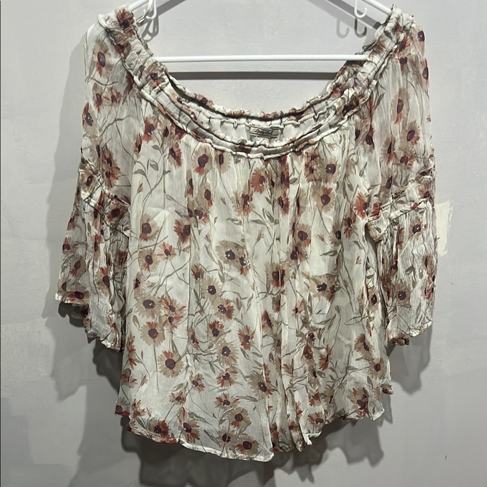 Lucky Brand Cream Floral Ruffled Off the Shoulder 3/4 Sleeve Blouse
